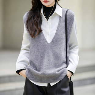 拉绒无缝纯羊毛针织马甲女坎肩V领无袖毛衣秋冬新款宽松叠穿背心