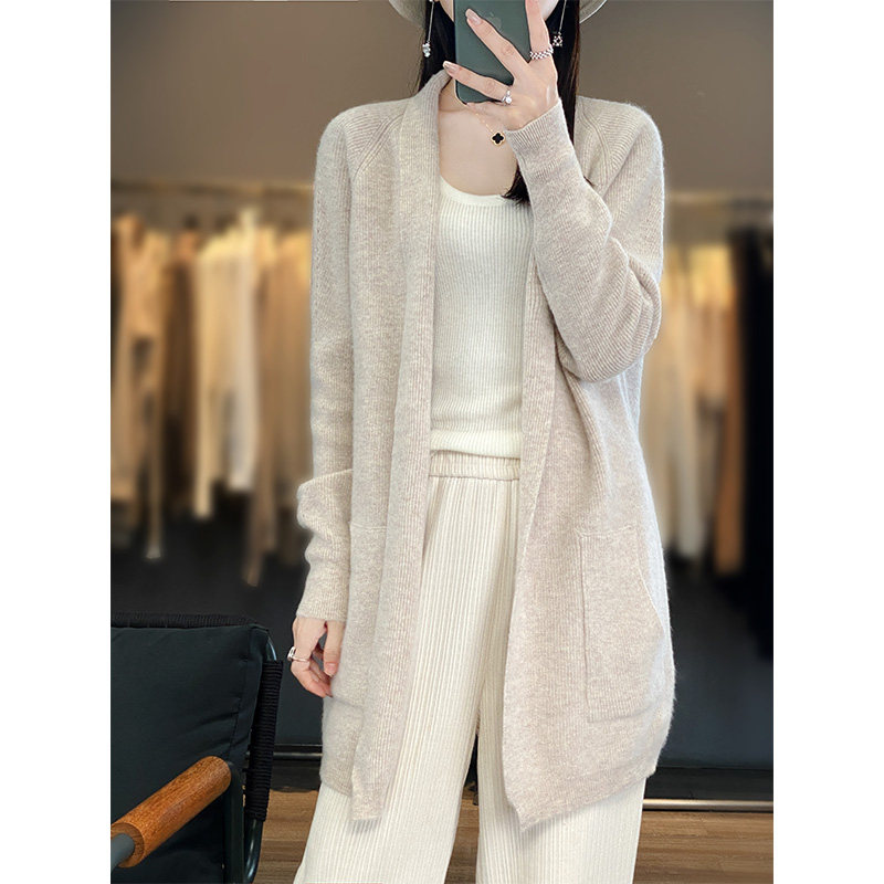 100%纯羊毛开衫女中长款外套女2024秋冬新款宽松韩版长袖针织外搭
