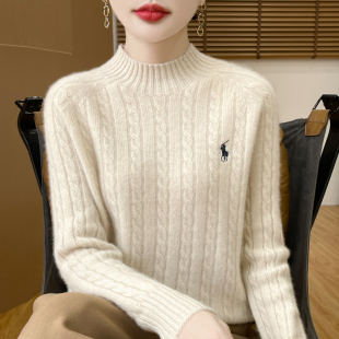100%纯羊毛衫 女半高领扭花加厚刺绣毛衣宽松休闲羊绒针织打底上衣