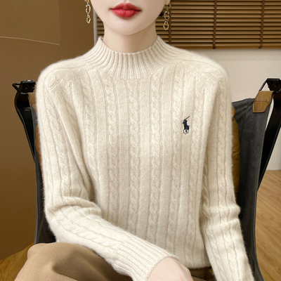 100%纯羊毛衫女半高领扭花加厚刺绣毛衣宽松休闲羊绒针织打底上衣