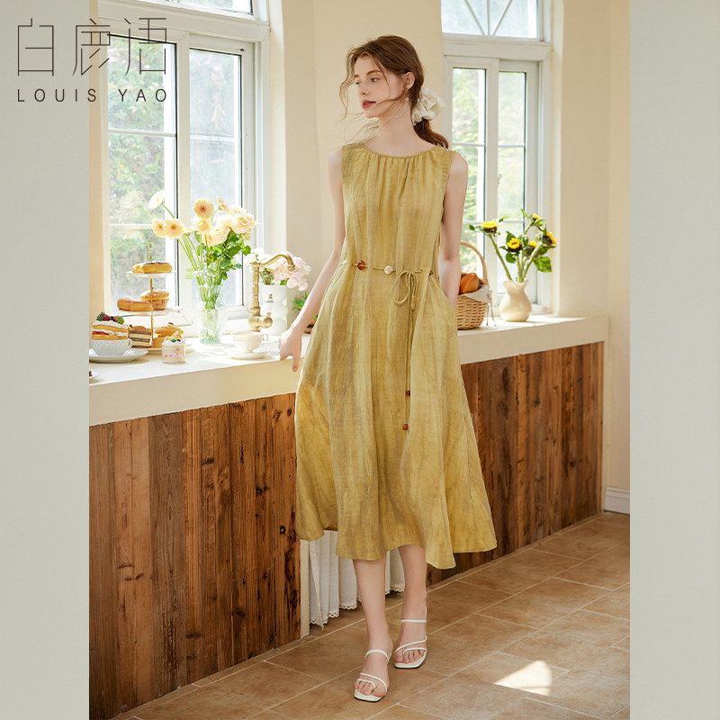 白鹿语法式度假风无袖长裙26夏季新款民族风温柔串珠气质女连衣裙