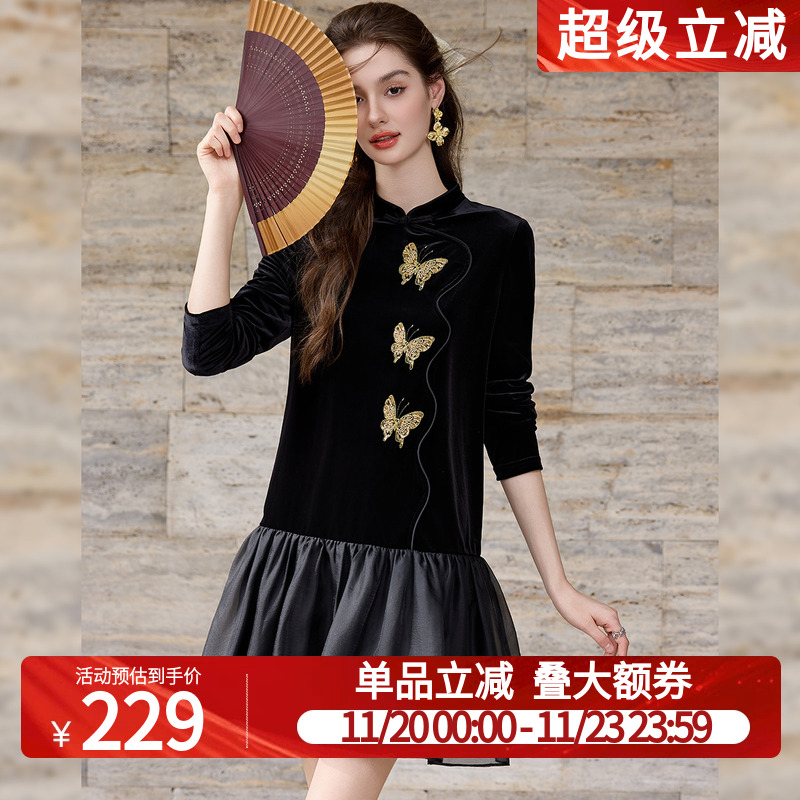 白鹿语新中式国风盘扣丝绒拼接小黑裙25秋新款高端显瘦洋气连衣裙