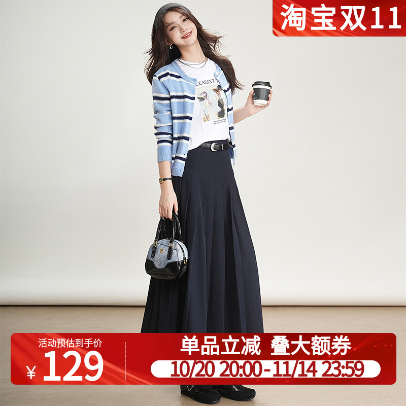 白鹿语复古学院风压褶绣花半身裙25秋新款百搭显瘦A字长裙百褶裙