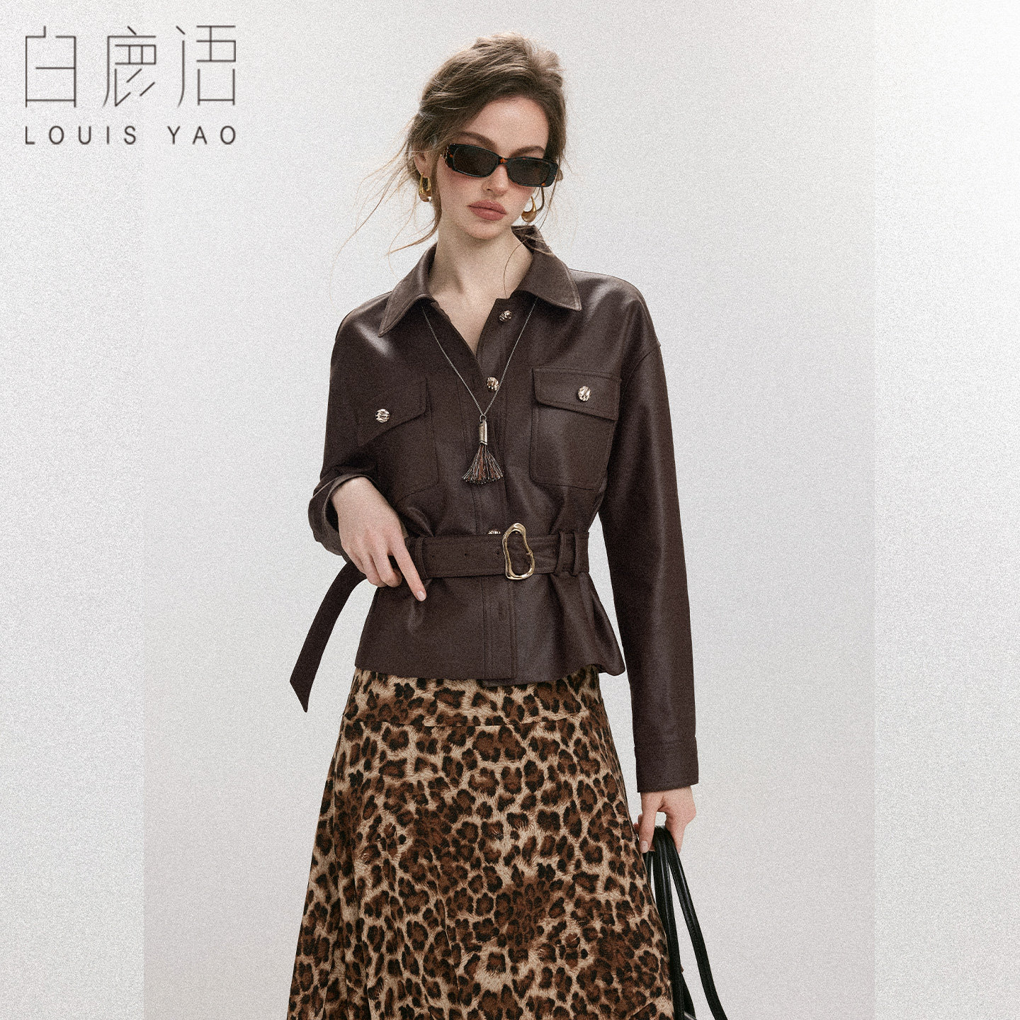 白鹿语美拉德翻领腰带短外套女26秋冬季新款复古收腰显瘦长袖上衣