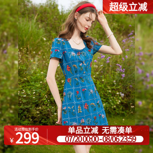 花卉连衣裙2025夏洋气a字小个子碎花短裙 白鹿语复古温柔方领短袖