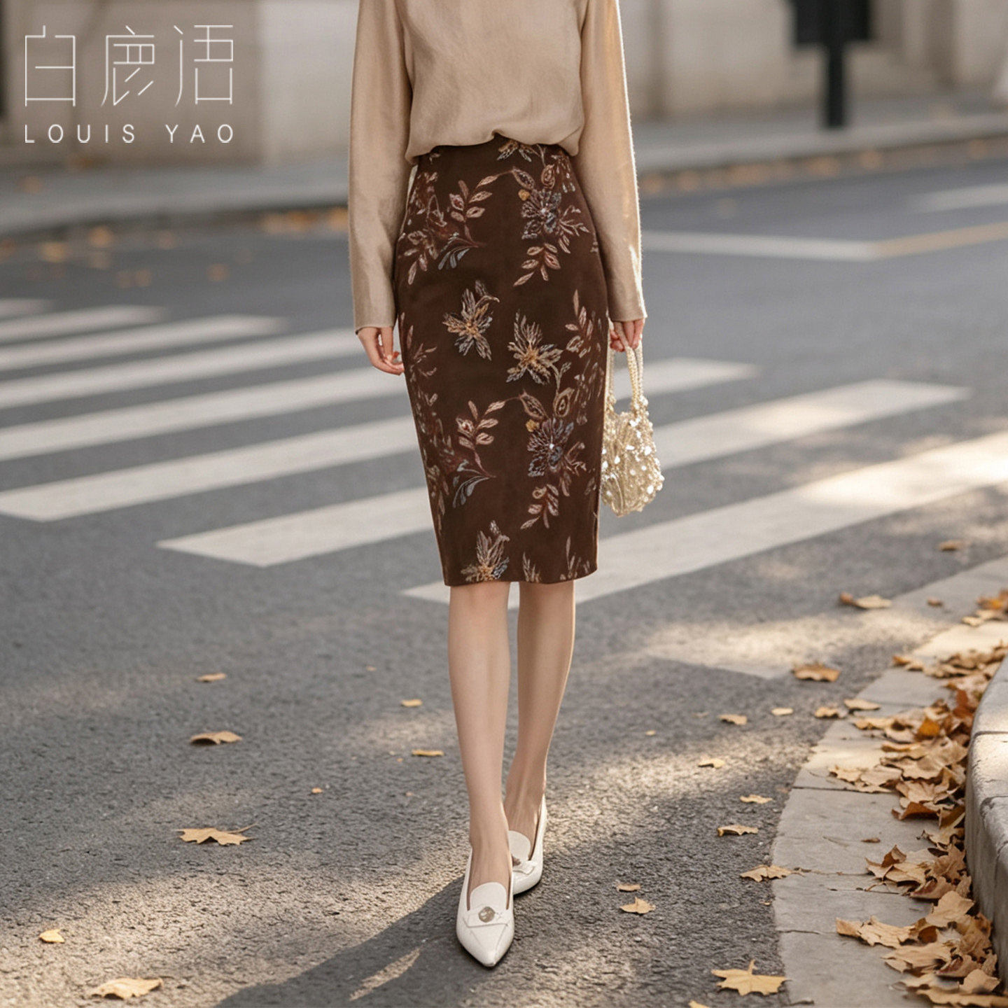 白鹿语美拉德刺绣直筒半身裙女26秋新款彩色花卉纹及膝裙复古半裙
