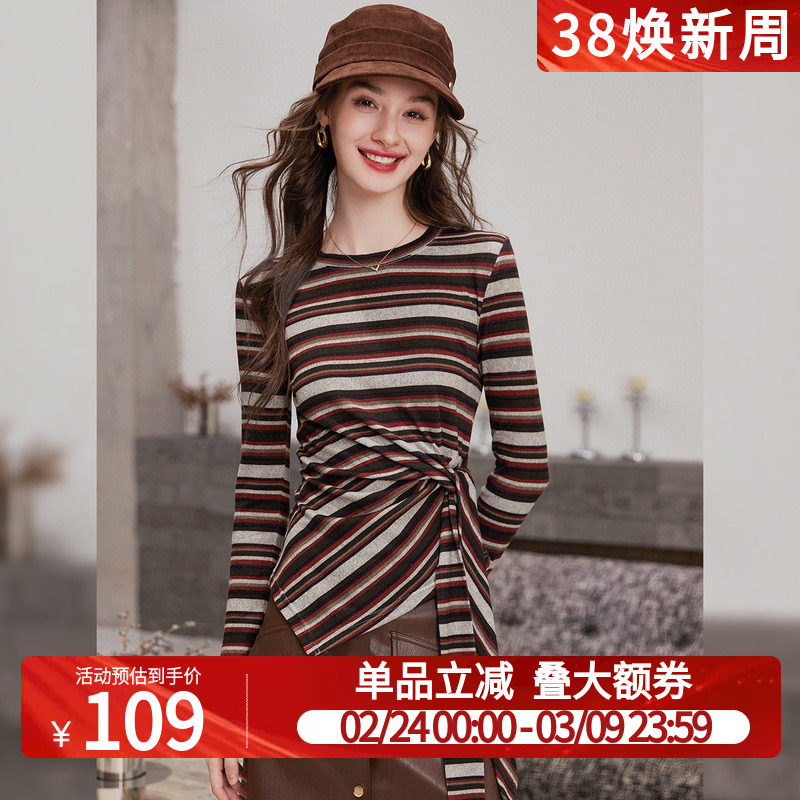 白鹿语条纹绑带长袖上衣25秋冬复古风微弹圆领套头可外穿女式T恤
