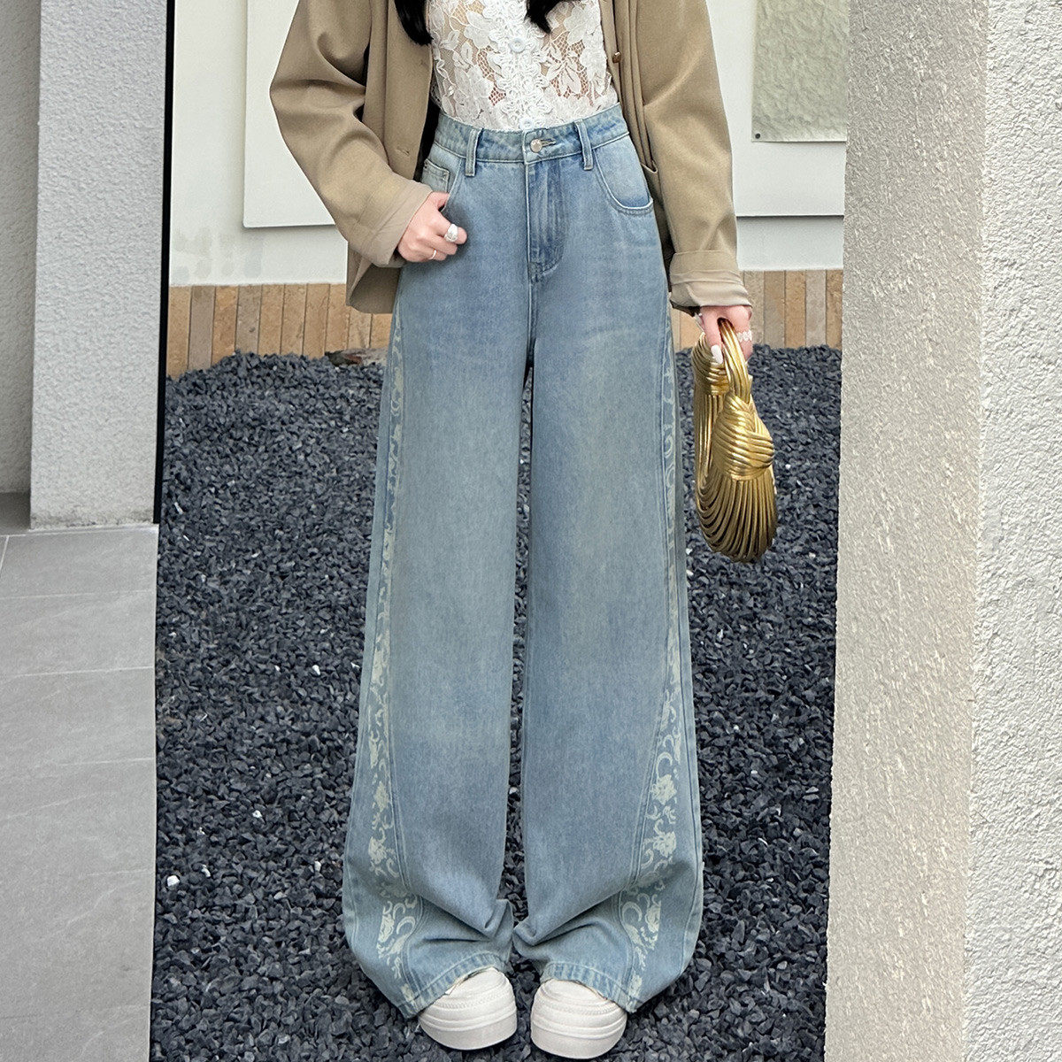 白鹿语复古印花装饰长裤26春时尚长款宽松版休闲有口袋女式牛仔裤,女装/女士精品,牛仔裤,淘宝优惠券,粉丝福利购,淘宝优惠卷