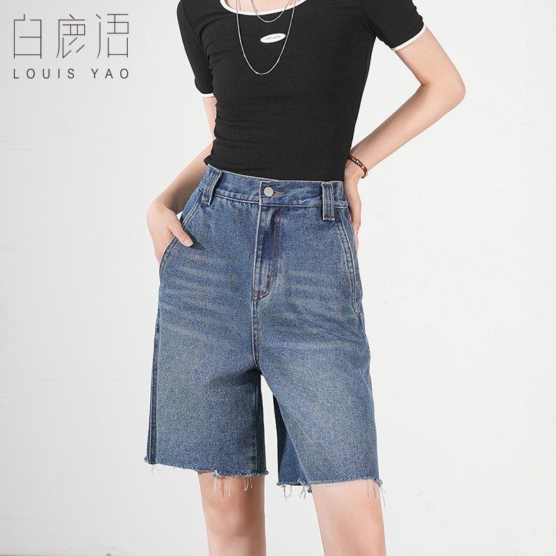 白鹿语气质高腰洗水牛仔短裤26夏休闲裤脚不规则须边五分牛仔裤女