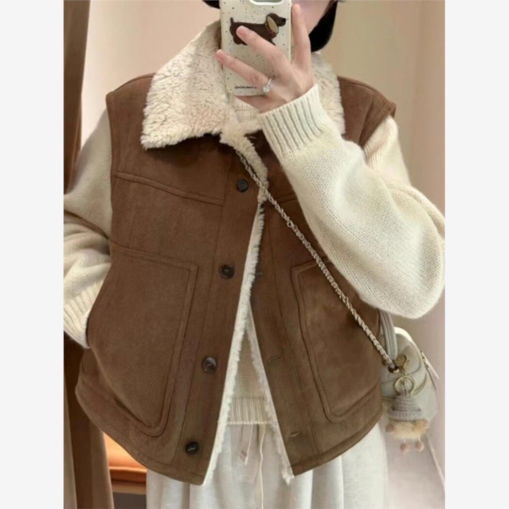 覆古高级感呢子马甲女秋冬高级感羊羔毛坎肩毛呢短外套女背心上衣