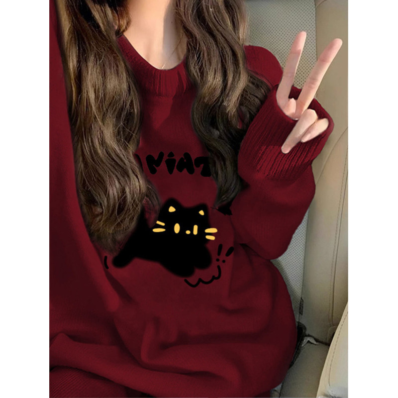 高级感超好看新年酒红色卡通毛衣女秋冬宽松慵懒风设计感针织外套