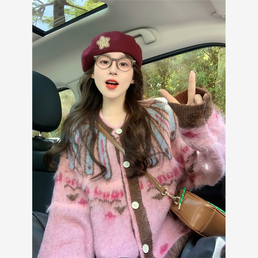 粉红公平岛提花毛衣夹克女式秋冬厚2025新懒惰温柔风格覆古针织开