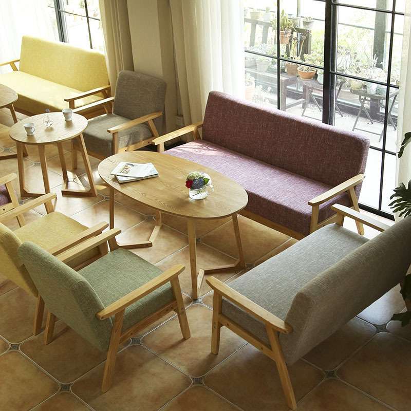 奶茶店桌椅组合简约休闲布艺卡座甜品咖啡厅公寓双人北欧实木沙发