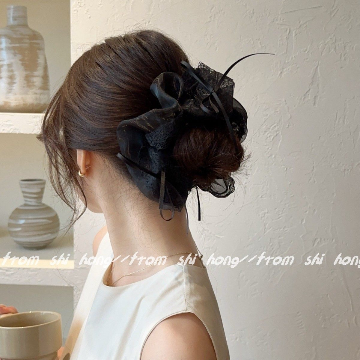 法式芭蕾风网纱蝴蝶结大肠发圈高马尾头绳女扎头发皮筋头花头饰