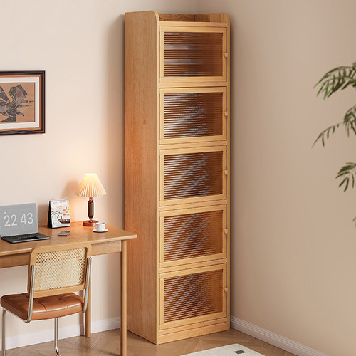 实木转角书柜落地儿童防尘书架带门窄柜子亚克力储物柜书桌旁一体