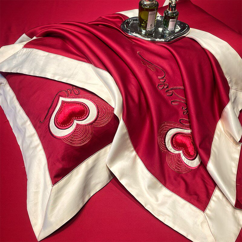 高端婚庆床上用品四件套结婚红色纯棉100S床单被套可双面布置婚房