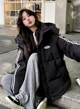 黑色羽绒棉服女冬2024新款美式炸B街贴标面包服加厚棉衣棉袄ins潮