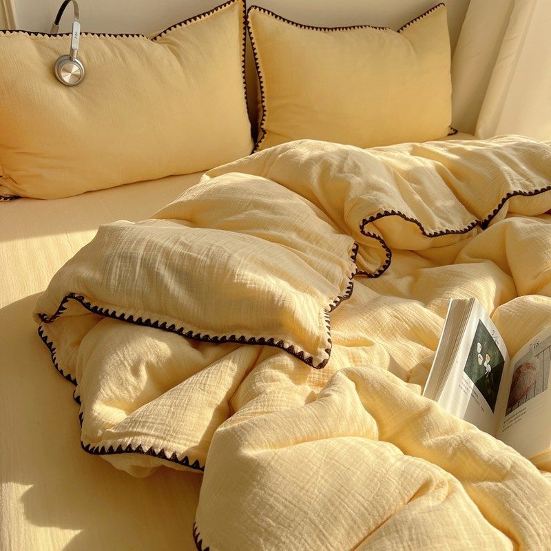 奶油风贝壳边四件套水洗棉被套2025新款非全棉纯棉宿舍三件式床组,床上用品,床品套件/四件套/多件套,淘宝优惠券,粉丝福利购,淘宝优惠卷