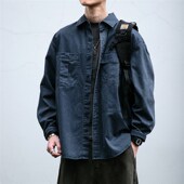 男长袖 230G酵素水洗质感竹节纹工装 衬衫 宽松不对称口袋纯棉衬衣潮