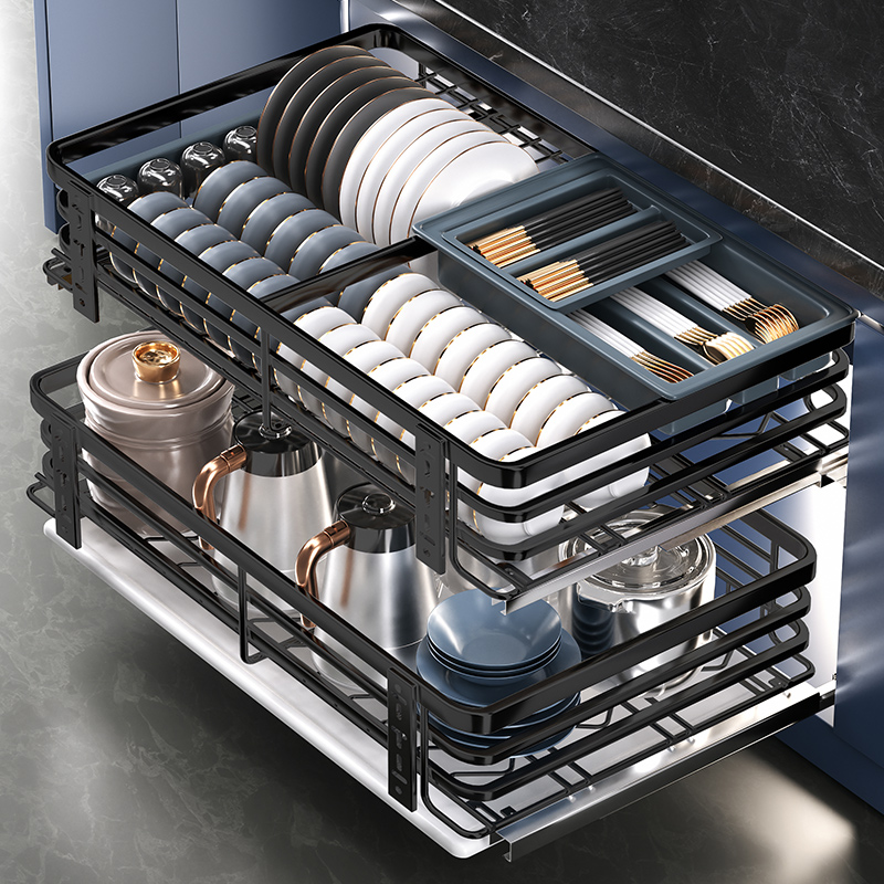 拉篮厨房橱柜304不锈钢碗柜双层抽屉式内置碗篮收纳调味碗碟碗架