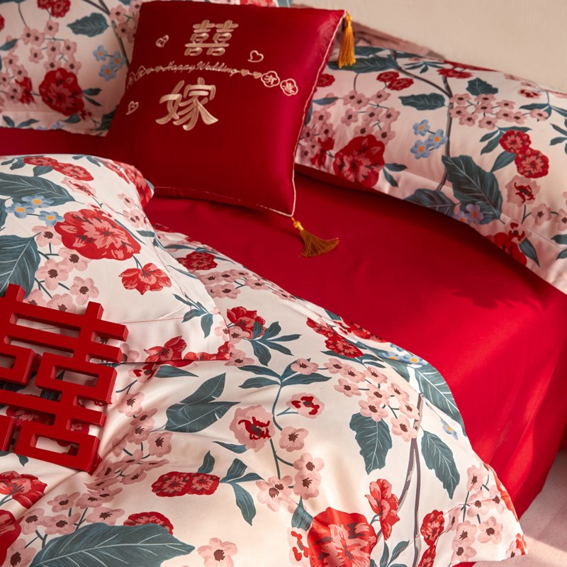 100S长绒棉印花结婚四件套红色床单花卉被套纯棉全棉婚庆床上用品