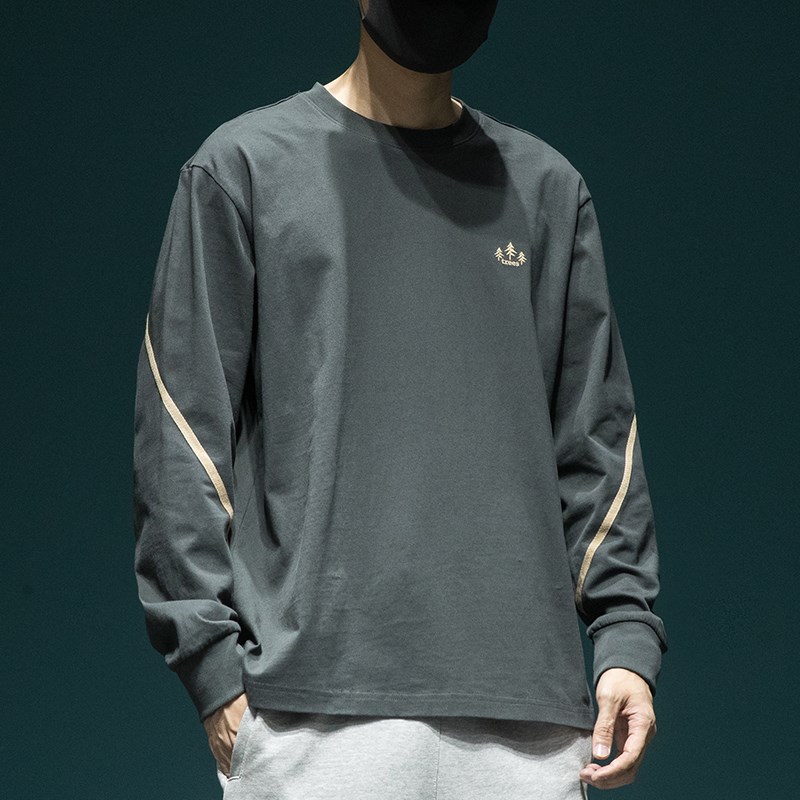 日系潮流刺绣T恤男圆领套头宽松加大码秋季长袖体恤衫纯棉打底衫