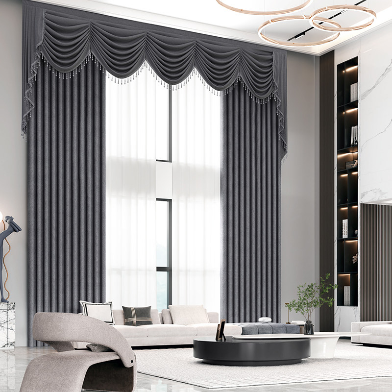 别墅复式楼挑空挑高客厅窗帘欧式豪华水波窗幔超高8米跃层不限高