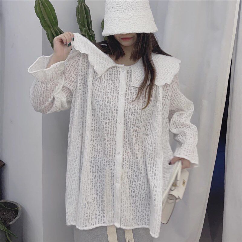 秋季新款学院风披肩领蕾丝娃娃衬衫T恤女宽松小清新甜美百搭衬衣