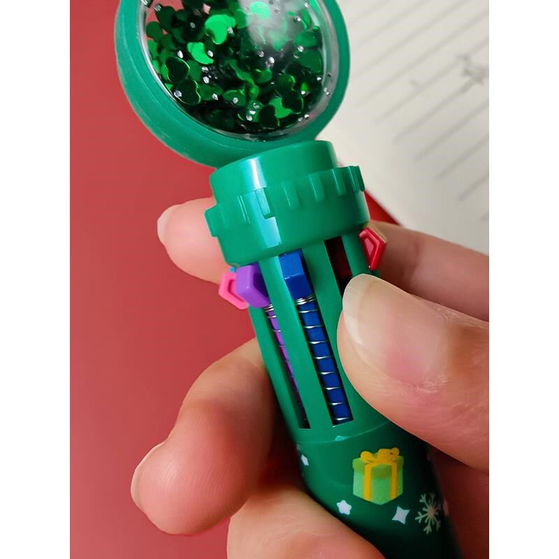 圣诞亮片10色圆珠笔学生礼品按压式彩色笔十色圣诞老人按动笔