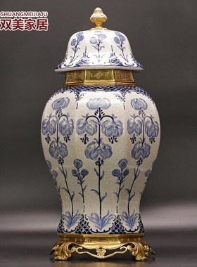 中式青花瓷将军罐家居大号美式装饰铜欧式摆件客厅奢华玄关摆设品