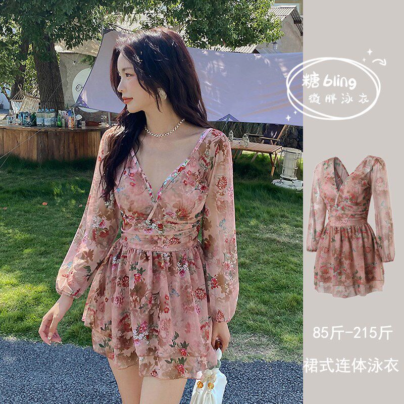 大码泳衣女胖mm遮肚n显瘦泡温泉裙式连体平角裤200斤长袖2024新款