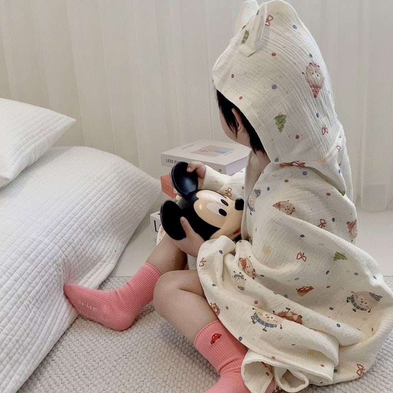 纱布浴巾新生婴儿4层a类超软全棉宝宝洗澡带帽斗篷薄款披风新