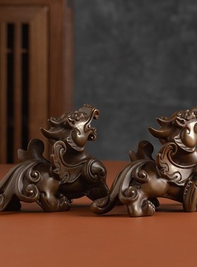 紫铜貔貅公母一对摆件招财瑞兽家居客厅玄关酒柜办公室桌面摆件