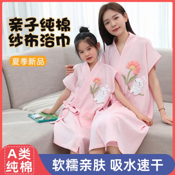 夏季儿童浴袍A类纯棉成人女可穿浴巾超轻薄浴袍夏天薄款吸水速干