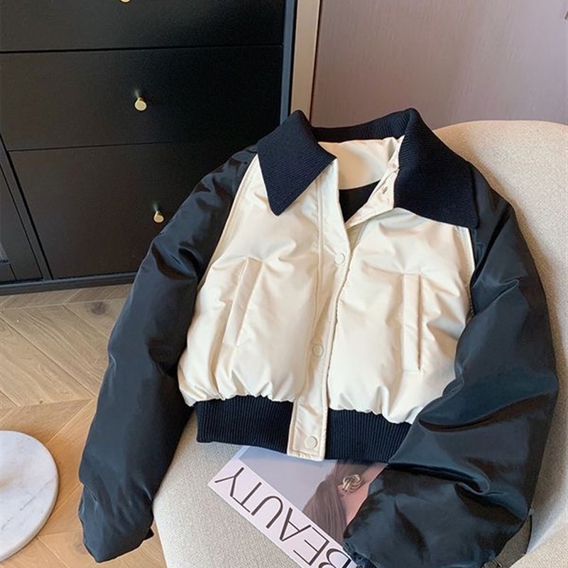 设计感撞色翻领棉j服女冬季2024新款修身面包服夹棉加厚棉衣短外