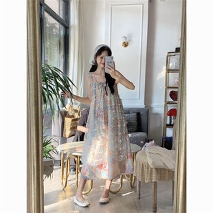 蕾丝叠穿罩裙裙子套装 海边度假碎花拼i接吊带连衣裙女两件套夏季