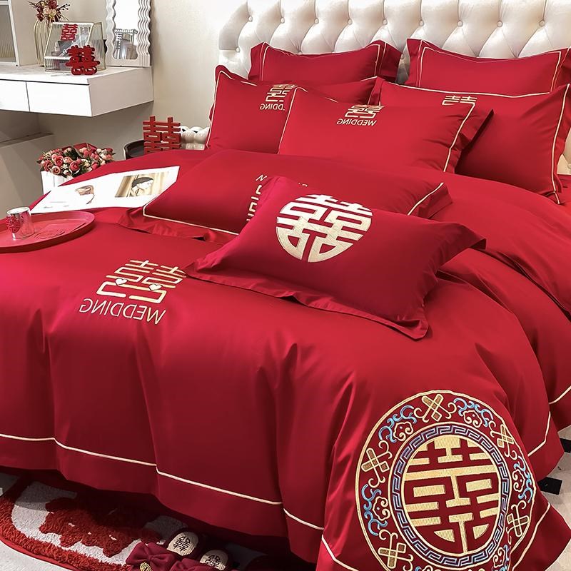 新款中式婚庆陪嫁亲肤棉四件套红色刺绣结婚床单被套喜庆床品