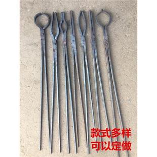 铁钳子手工打造铝锭钳尖嘴扁口椭圆口夹坩埚狗钳锻造弯头火钳铁钳