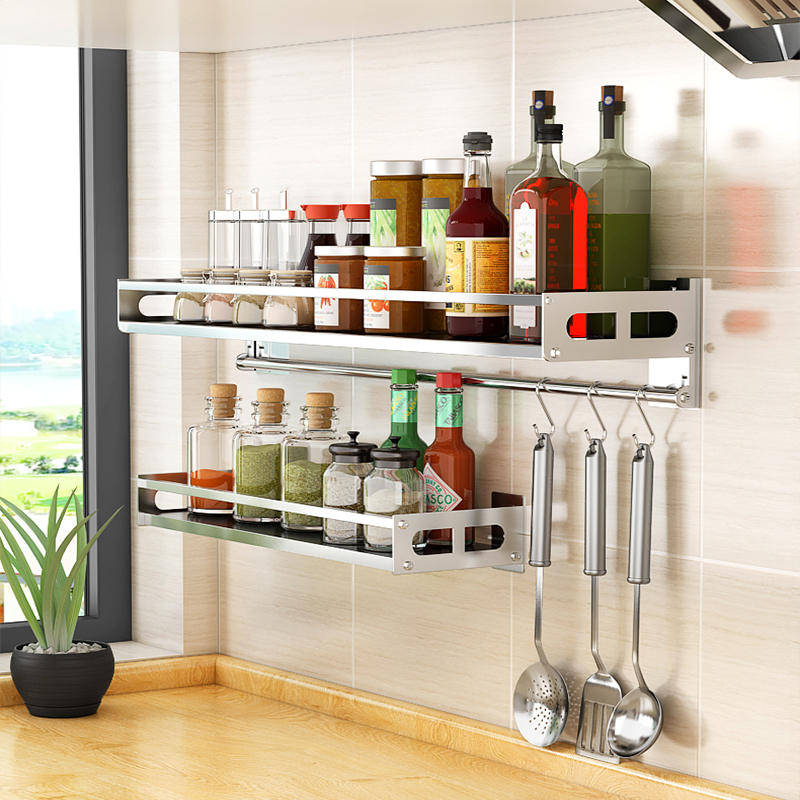 免打孔平面304不锈钢厨房收纳架壁挂式家用墙上置物架调味料挂架