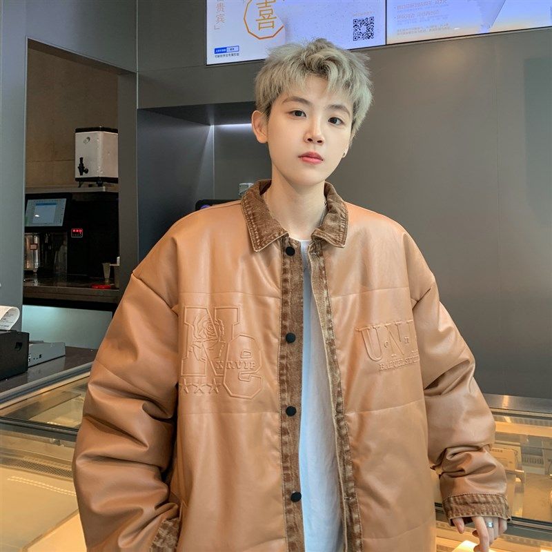 【满两件包邮】2025冬季新款青少年学生PU皮钢印拼接重工艺棉衣