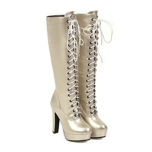 帅气绑带超高跟漆皮钢管舞靴系带粗跟舞台靴漆皮高筒靴大码