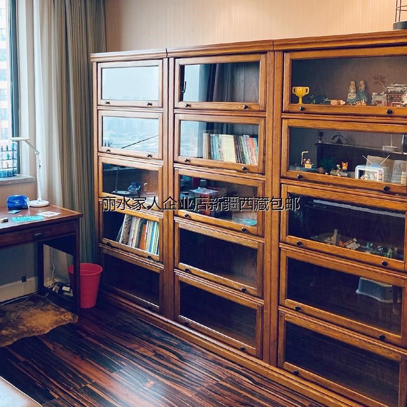 新疆包邮实木书柜储物柜一体整墙带柜门家用客厅防尘落地带玻璃门