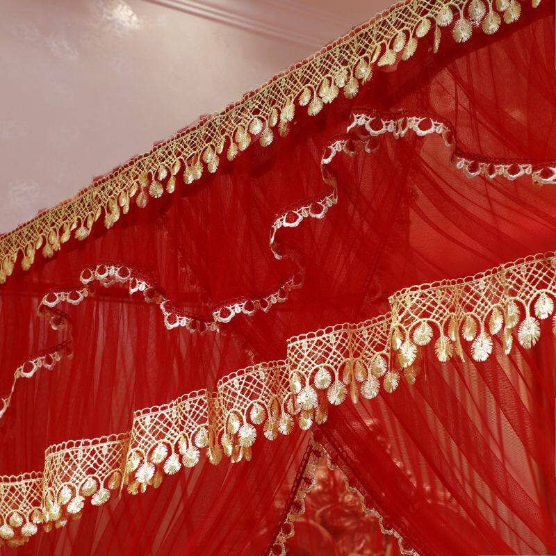 大红轨道式婚庆蚊帐U型宫廷导轨结婚蚊帐家用公主风三开门2双人床