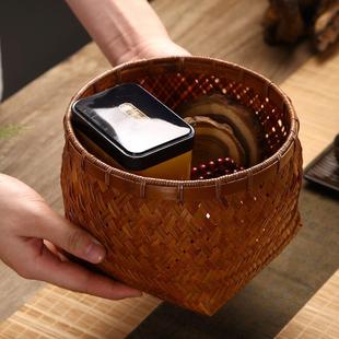 纯手工竹编圆形杂物筐竹制家用茶几桌面复古收纳筐精编竹篓储物盒