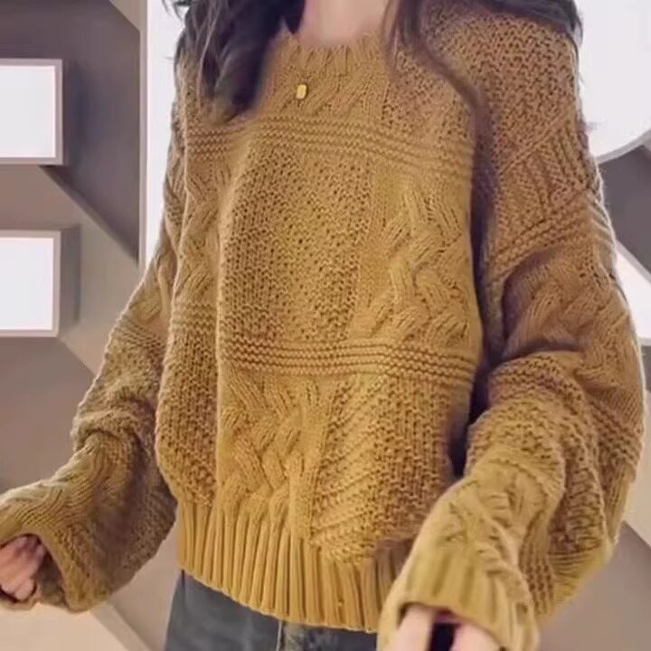 100%山羊绒毛衣女短款加厚25秋冬新款麻花宽松大码套头针织打底衫