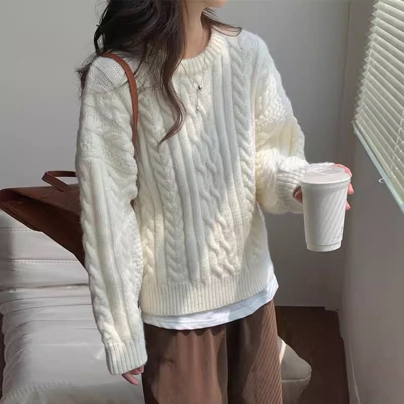100%纯山羊绒毛衣女加厚2026秋冬新款圆领麻花宽松套头针织打底衫