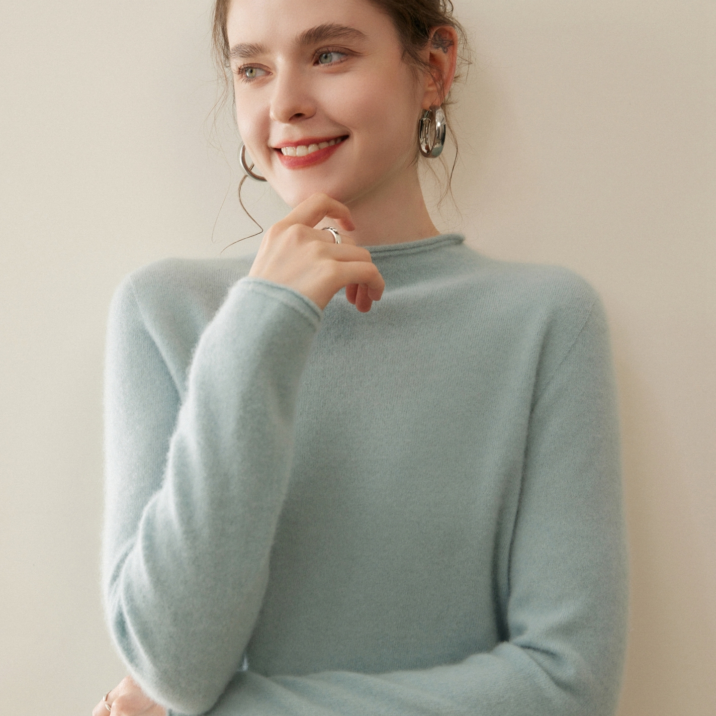 100%纯山羊绒韩系纯色半高领毛衣