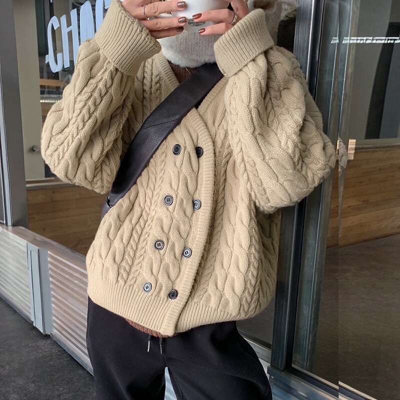 100%山羊绒开衫女加厚双排扣26秋冬新款慵懒麻花宽松针织毛衣外套