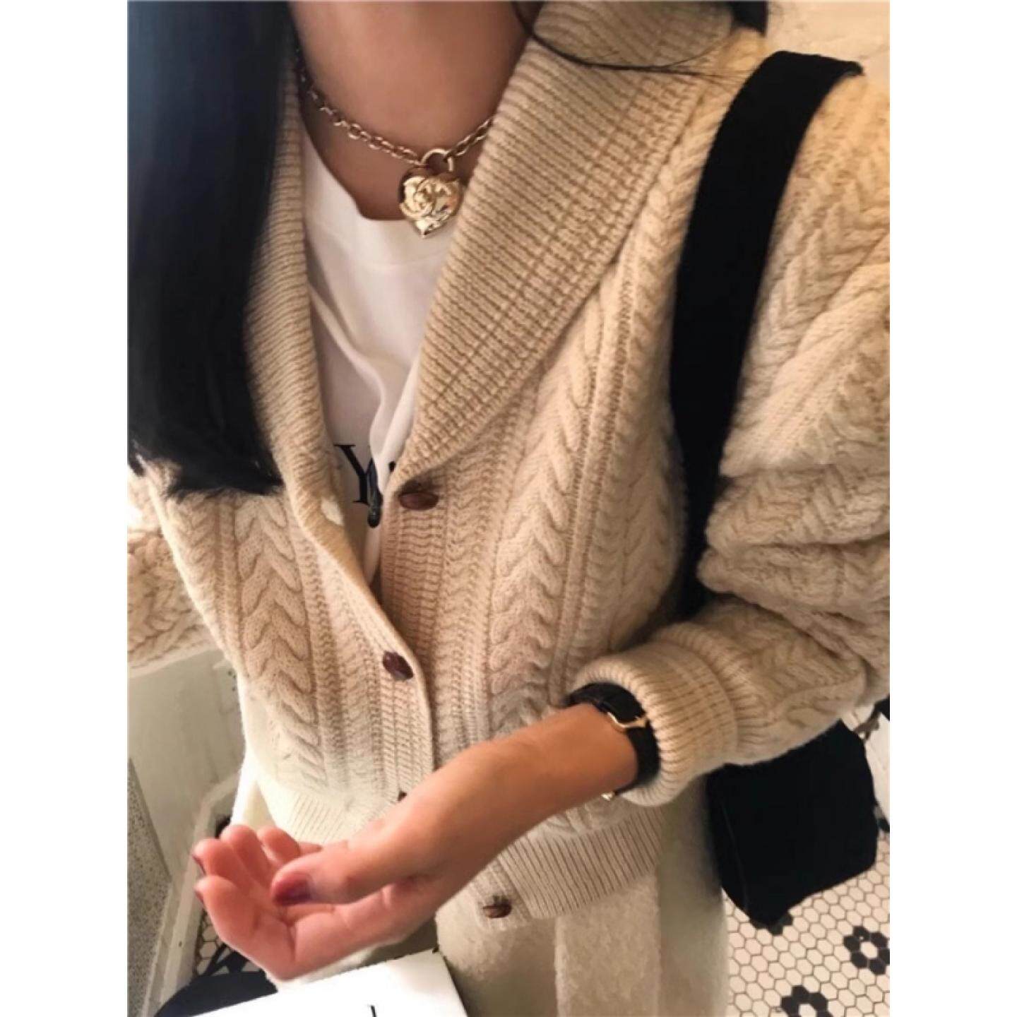 100%纯山羊绒开衫女2025秋冬新款青果领宽松加厚麻花针织毛衣外套