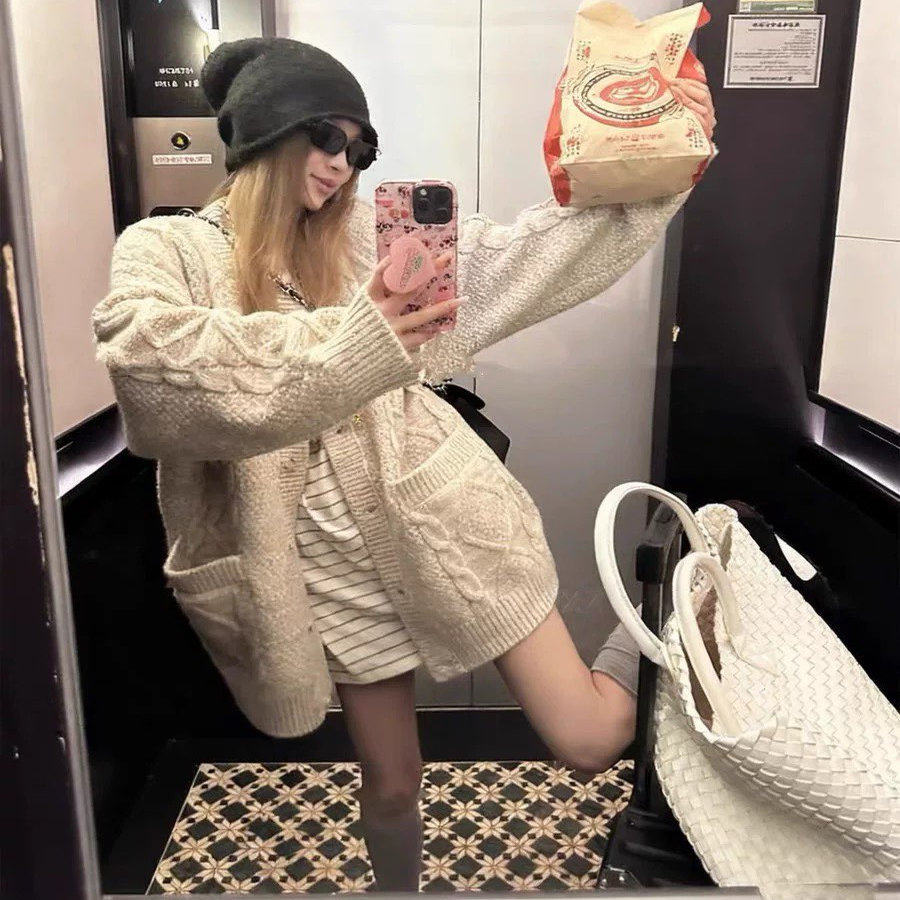 100%山羊绒开衫女中长款26秋冬新款宽松大码加厚麻花针织毛衣外套